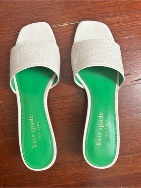 kate spade White Perforated Slide Sandals with Green Footbed